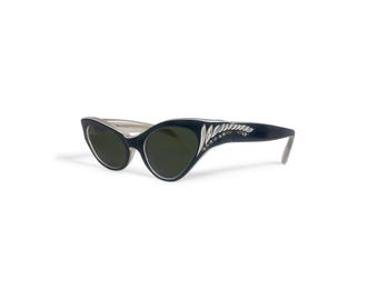 Vintage 1950s Swank Frame France Black & Clear Cat Eye Sunglasses Green Lens 46-20