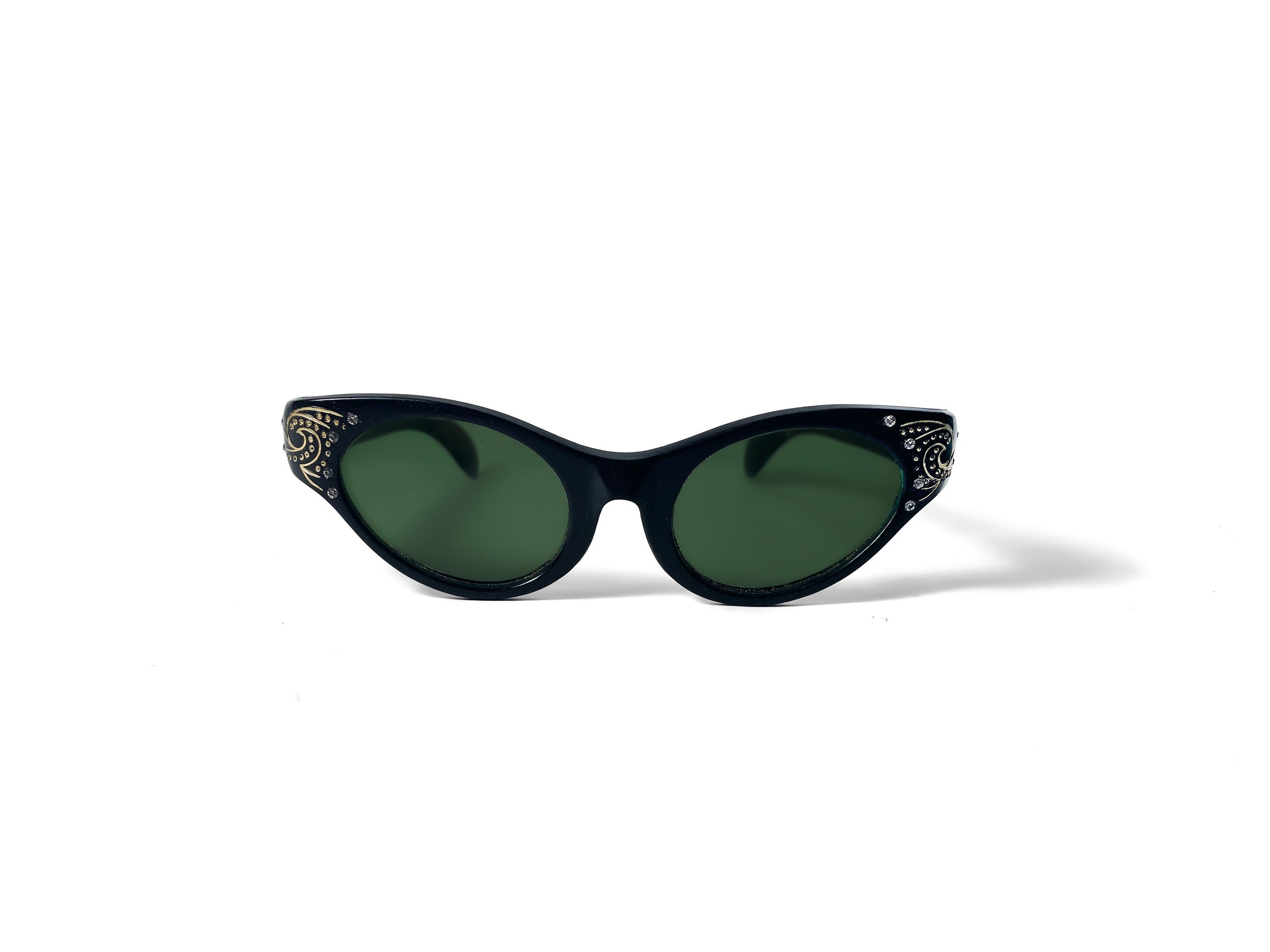 Vintage Unbranded Sunglasses 1950s Black and Gold Green Lens 