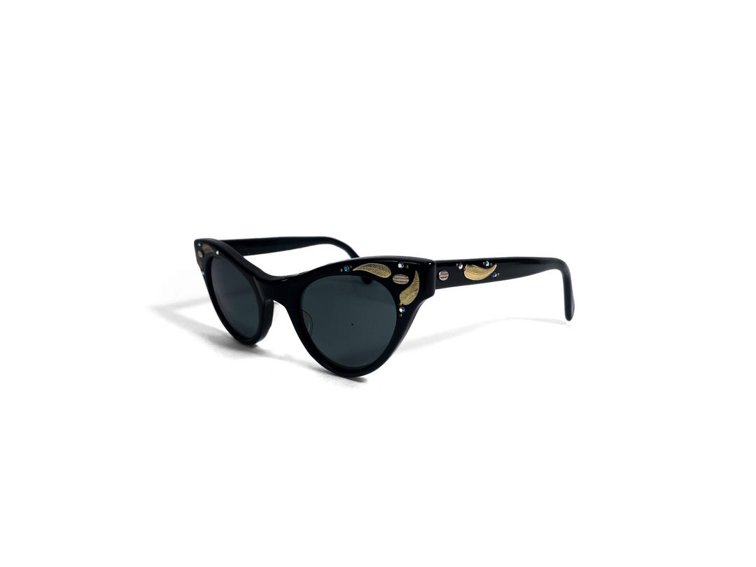 Vintage 1950s Imperical Optical Black Jeweled Cat Eye Sunglasses G 