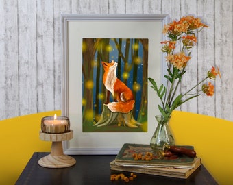 Print - Fox with fireflies in the forest - Magical illustration