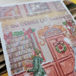 Carte postale - Librairie sous la neige - Noël - Librairie chat orange - Aquarelle - Cosy - Chien - Chat - Livres - Illustration personnelle image 7
