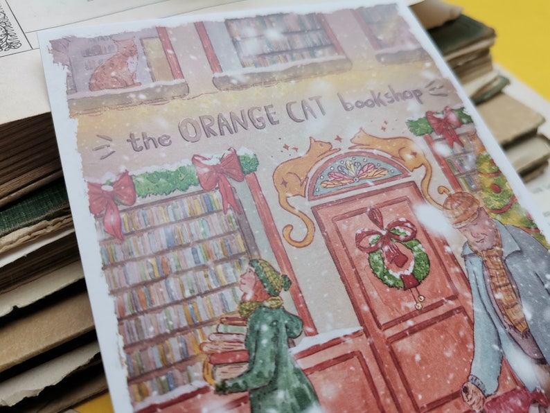 Carte postale - Librairie sous la neige - Noël - Librairie chat orange - Aquarelle - Cosy - Chien - Chat - Livres - Illustration personnelle image 7