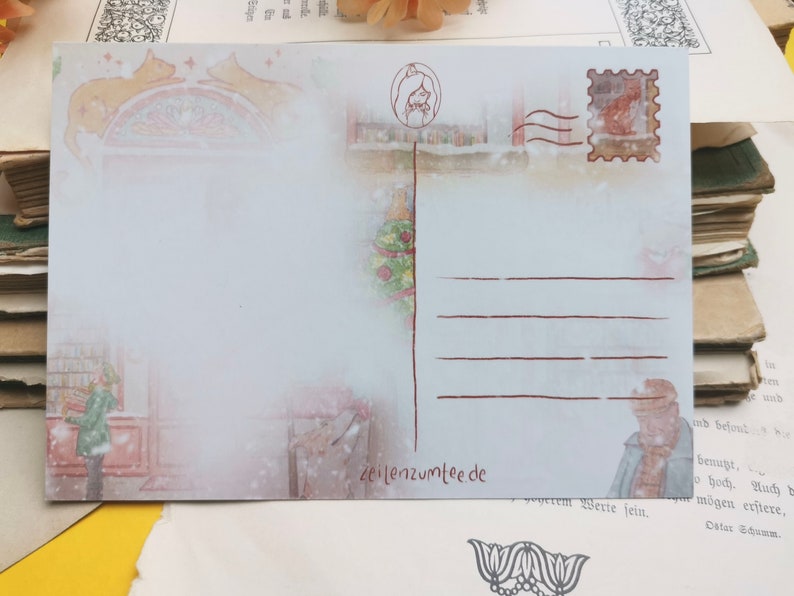 Carte postale - Librairie sous la neige - Noël - Librairie chat orange - Aquarelle - Cosy - Chien - Chat - Livres - Illustration personnelle image 8