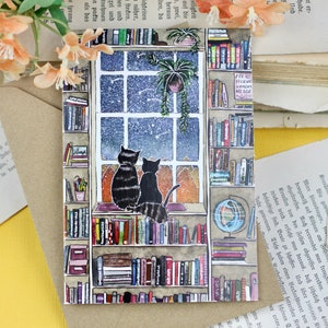 Biglietto pieghevole - Gatti sulla libreria - Illustrazione personalizzata - Con busta