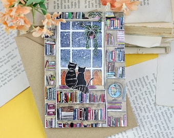 Folding card - Cats in the bookshelf - Own illustration - With envelope