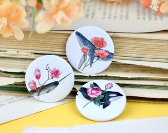 Magnet Set - Wale mit Blumen - Buckelwal, Orca, Narwal - Mohnblume, Rose, Magnolie - Eigene Illustration