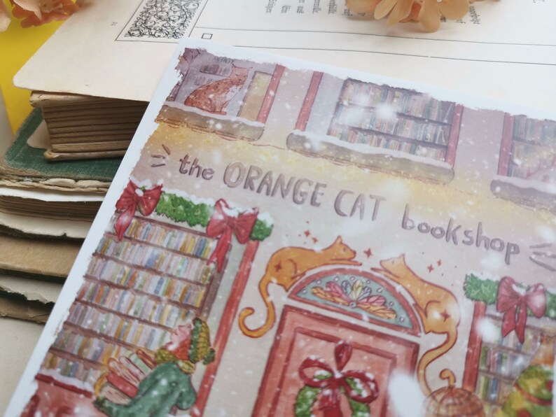 Carte postale - Librairie sous la neige - Noël - Librairie chat orange - Aquarelle - Cosy - Chien - Chat - Livres - Illustration personnelle image 6