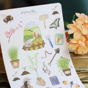 Stickerbogen - Im Garten - Gartenarbeit - Gemüse, Schmetterlinge, Gartengeräte, Gartenliebe, Blumen - Bullet Journal - Eigene Illustrationen