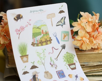 Foglio di adesivi - Nel giardino - Giardinaggio - Verdure, farfalle, attrezzi da giardino, amore per il giardino, fiori - Bullet Journal - Illustrazioni proprie