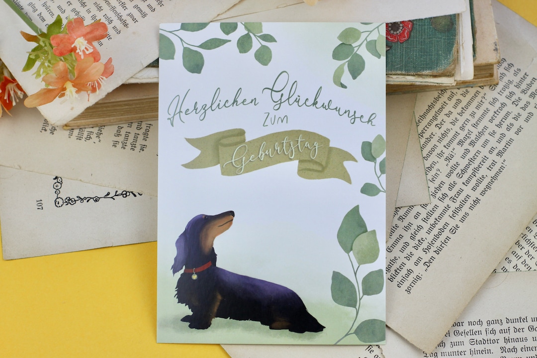 Postkarte Geburtstagskarte Mit Dackel Und Eukalyptus Handgemalte postkarte-geburtstagskarte-mit-dackel-und-eukalyptus-handgemalte