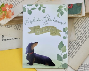 Postcard - Birthday card with dachshund and eucalyptus - Hand-painted illustration