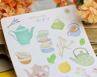 Stickerbogen - Tee - Teekannen, Teebeutel, Zitrone, Zucker, Tassen - Cozy - Teatime - Bullet Journal - Eigene Illustrationen