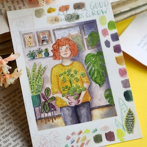 Carte postale - Plant Girl - Femme avec Pilea - Laissez grandir les bonnes pensées - Propre illustration