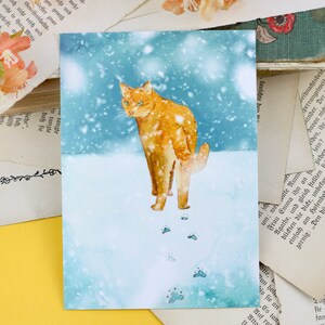 Postkarte - Katze im Schnee - Rote Katze - Aquarell Illustration