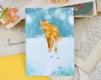 Postcard - Cat in the Snow - Red Cat - Watercolor Illustration