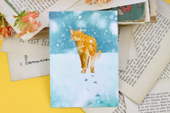 Postcard - Cat in the Snow - Red Cat - Watercolor Illustration - Etsy