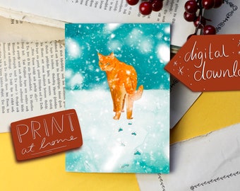Folding card digital download - red cat in the snow - Christmas - cat to print out - your own illustration