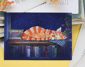 Postcard - Sleeping cats between books