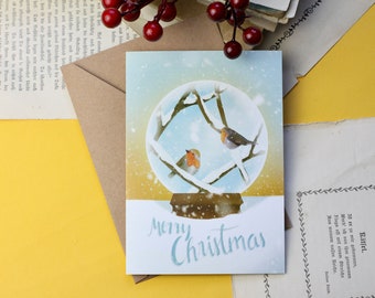 Folding card - Merry Christmas - robin in snow globe - Christmas card
