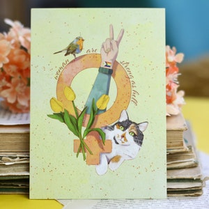 Postcard Woman are strong Feminism Cat, LGBTQIA, robin, tulips Women empowerment Hand painted illustration image 1