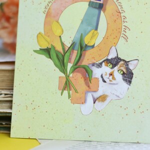 Postcard Woman are strong Feminism Cat, LGBTQIA, robin, tulips Women empowerment Hand painted illustration image 3