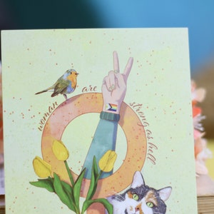 Postcard Woman are strong Feminism Cat, LGBTQIA, robin, tulips Women empowerment Hand painted illustration image 2