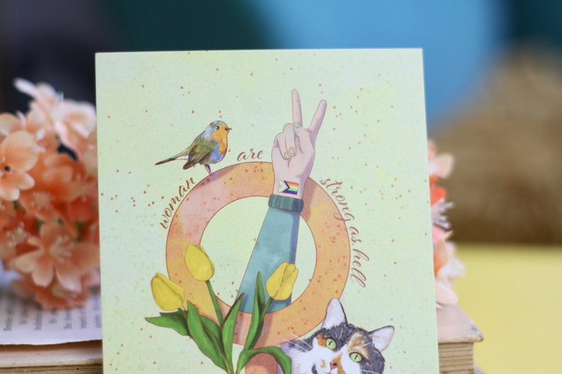 Postcard Woman are strong Feminism Cat, LGBTQIA, robin, tulips Women empowerment Hand painted illustration image 2