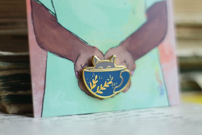 Enamel pin - mini pin - cat in a cup - blue