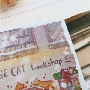 Carte postale - Librairie sous la neige - Noël - Librairie chat orange - Aquarelle - Cosy - Chien - Chat - Livres - Illustration personnelle image 4
