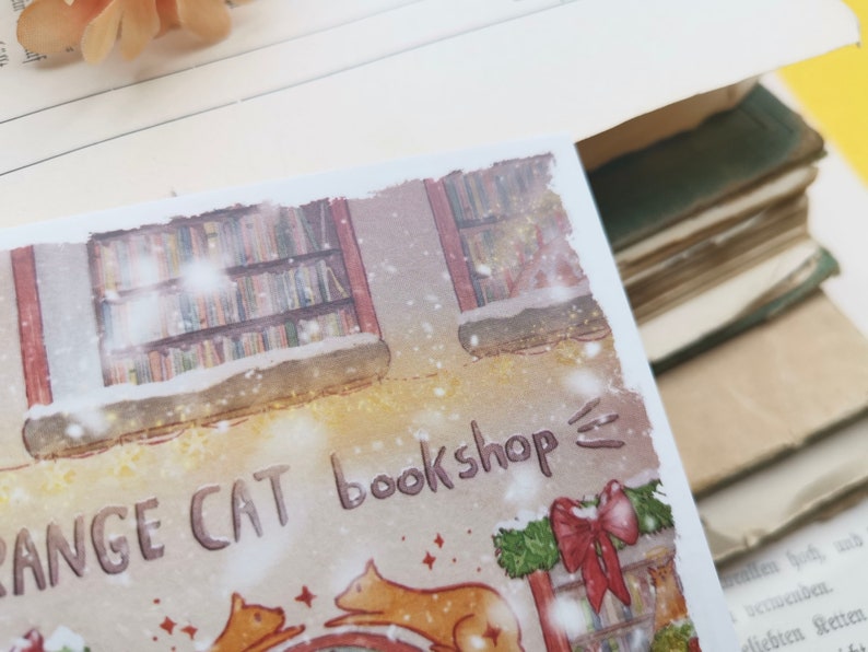 Carte postale - Librairie sous la neige - Noël - Librairie chat orange - Aquarelle - Cosy - Chien - Chat - Livres - Illustration personnelle image 4