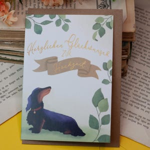 Biglietto pieghevole - Congratulazioni per matrimonio - Cane bassotto eucalipto