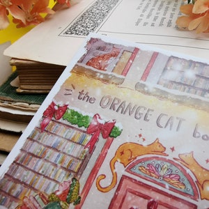 Carte postale - Librairie sous la neige - Noël - Librairie chat orange - Aquarelle - Cosy - Chien - Chat - Livres - Illustration personnelle image 3