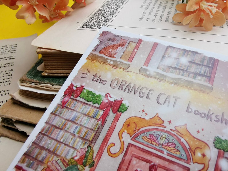 Carte postale - Librairie sous la neige - Noël - Librairie chat orange - Aquarelle - Cosy - Chien - Chat - Livres - Illustration personnelle image 3