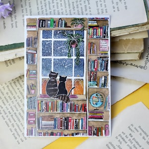 Carte postale - Chats sur une étagère - Ciel étoilé - Illustration aquarelle - Peinte à la main - Carte d'anniversaire - Quelque chose avec des chats