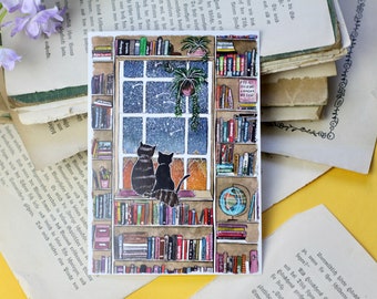 Carte postale - Chats sur une étagère - Ciel étoilé - Illustration aquarelle - Peinte à la main - Carte d'anniversaire - Quelque chose avec des chats