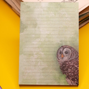 May include: A lined notepad with a watercolor-style illustration of a brown and white owl in the lower right corner. The paper has a green watercolor wash background. The notepad is on a yellow surface.