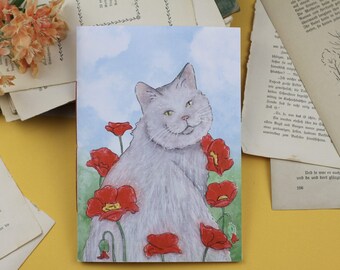 Handgebundenes Notizbuch - Katze im Blumenfeld
