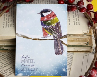 Postcard - great tit in the snow - bird with scarf - hello winter - Christmas winter - own illustration