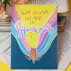 Postkaart - Moedige uitbarstingen - Schildpad met grappige spreuk - Bevestiging - Regenboog - Eigen illustratie
