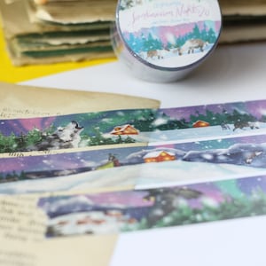 Washi Tape - Notte scandinava 2.0 - 10 mx25 mm - Illustrazioni personalizzate - Aurora boreale, renne, balene, lupo