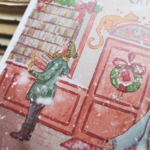 Carte postale - Librairie sous la neige - Noël - Librairie chat orange - Aquarelle - Cosy - Chien - Chat - Livres - Illustration personnelle image 2