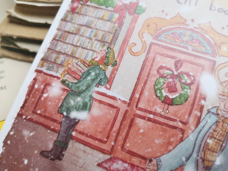 Carte postale - Librairie sous la neige - Noël - Librairie chat orange - Aquarelle - Cosy - Chien - Chat - Livres - Illustration personnelle image 2