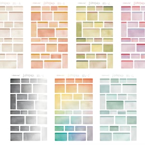 Könnte beinhalten: Ein Set mit 10 digitalen Planer-Stickern im Aquarell-Stil mit einem Ziegelmuster. Die Sticker sind in verschiedenen Farben, darunter Beige, Orange, Gelb, Grün, Blau und Grau. Jeder Sticker hat eine rechteckige Form mit abgerundeten Kanten.
