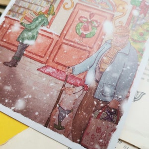 Carte postale - Librairie sous la neige - Noël - Librairie chat orange - Aquarelle - Cosy - Chien - Chat - Livres - Illustration personnelle image 5