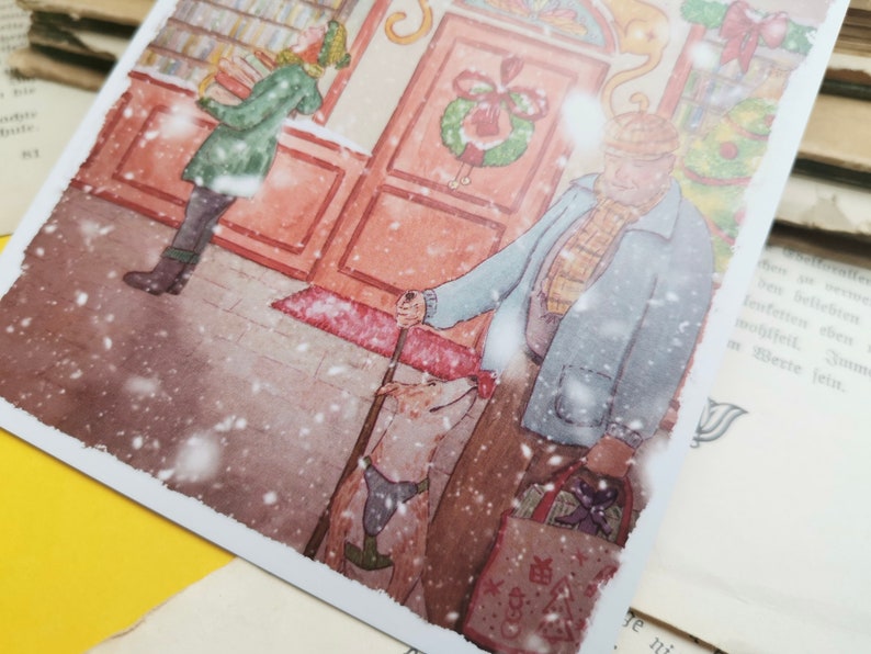 Carte postale - Librairie sous la neige - Noël - Librairie chat orange - Aquarelle - Cosy - Chien - Chat - Livres - Illustration personnelle image 5