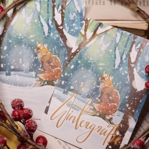 Postkaart - Vos in de sneeuw - Met of zonder spreuk - Wintergroeten - Winterbos - Kerstmis - Winter - Eigen illustratie