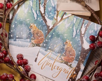Postcard - Fox in the snow - With or without a saying - Winter greetings - Winter forest - Christmas - Winter - Own illustration