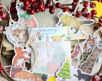 Cadeaukaartjes - hangers - kerstkatten - cadeaus inpakken - eigen illustratie