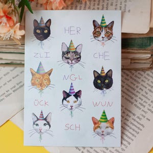 Carte postale - Félicitations - Chats avec chapeaux de fête - Anniversaire, Juste comme ça - Illustration personnelle
