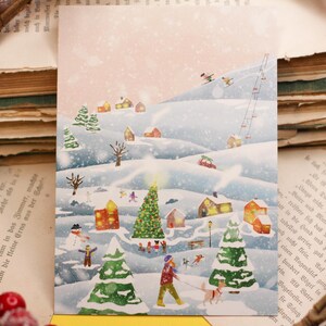 Postkarte - Winterdorf - Grußkarte für Weihnachten - Hund im Schnee - idyllische Landschaft - Eigene Illustration